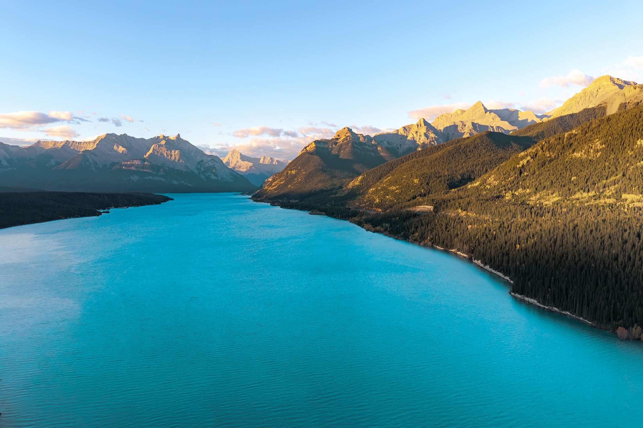 Aerial drone view of Abraham Lake in Alberta near Banff and Jasper