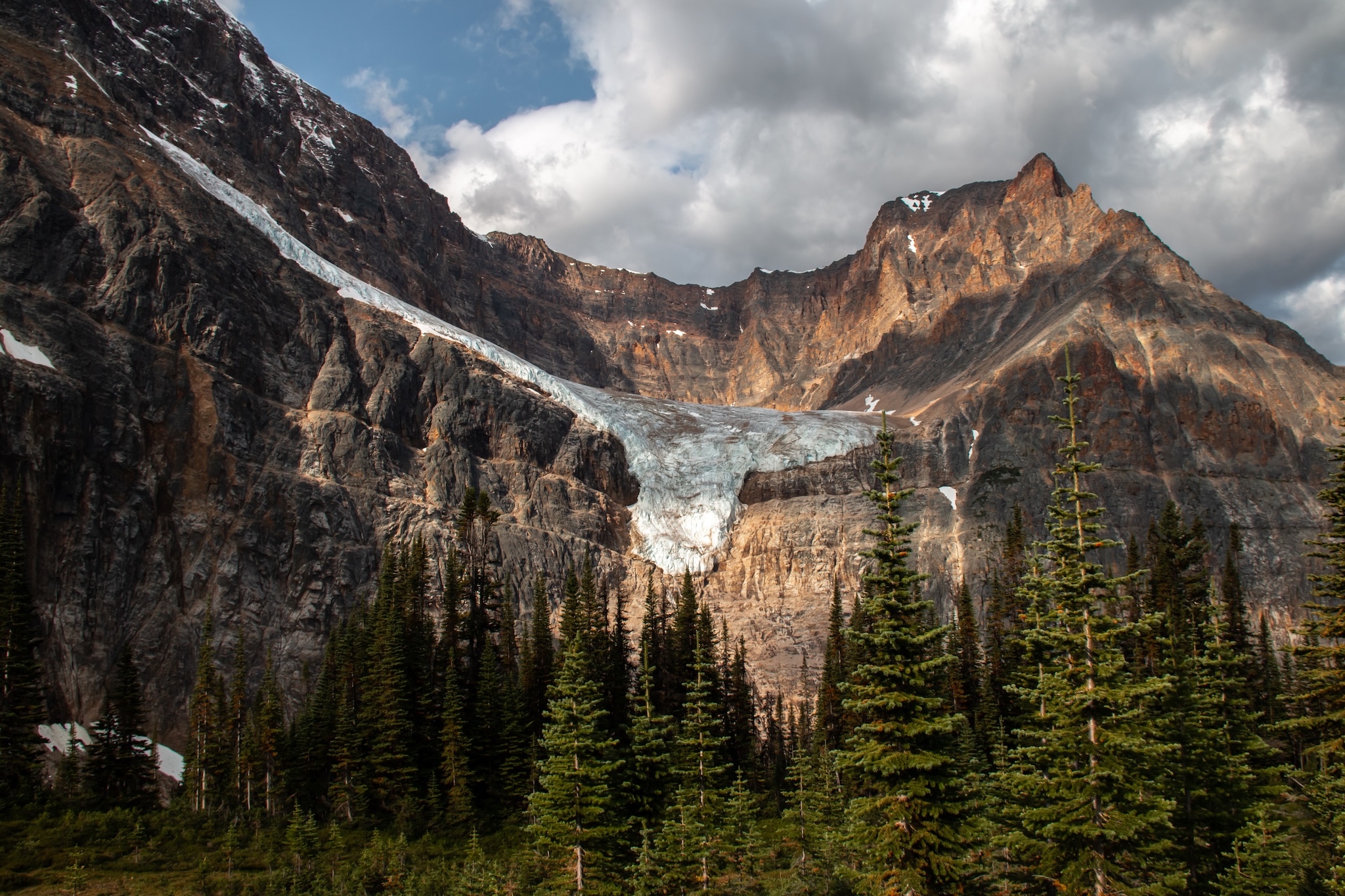 Morning shot of the Angel Glacier, or Ghost Glacier, from the Mount Edith Cavell Meadows hike in the Canadian rockies in Jasper National Park, Alberta, Canada, during the summer.