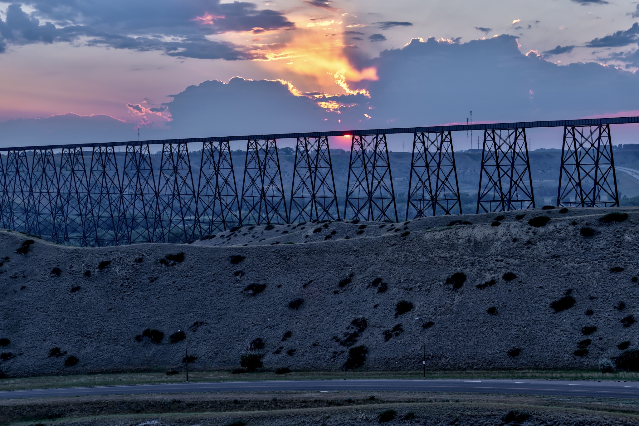 Panoramic views of the High Level Viaduct truss bridge in Lethbridge